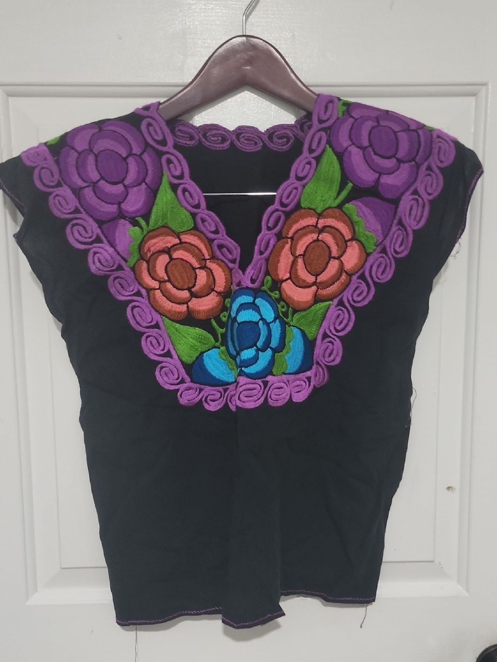 Hand-Embroidered Black Women’s Floral V-Neck Top